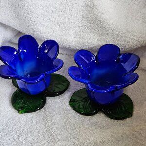 Cobalt Blue Vintage Art Glass Handblown Candle Holders